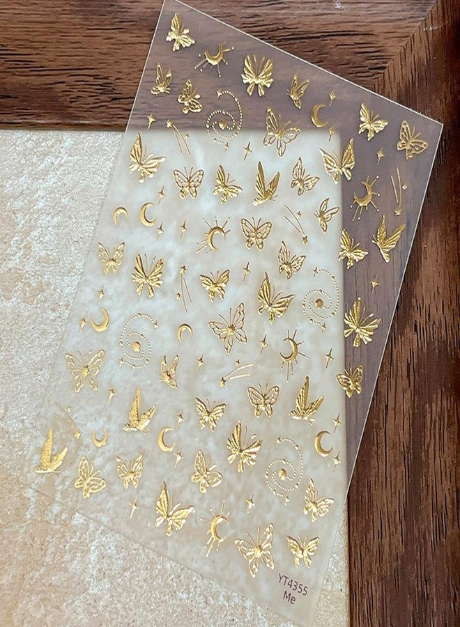 TOGZOM 5D Embossed Gold Nail Stickers Butterfly Nail Art Stickers Spring Nail Decals Golden Self-Adhesive Star Moon Nail Decals for Women Girls Acrylic Nails Manicure DIY Nail Supplies - Image 1